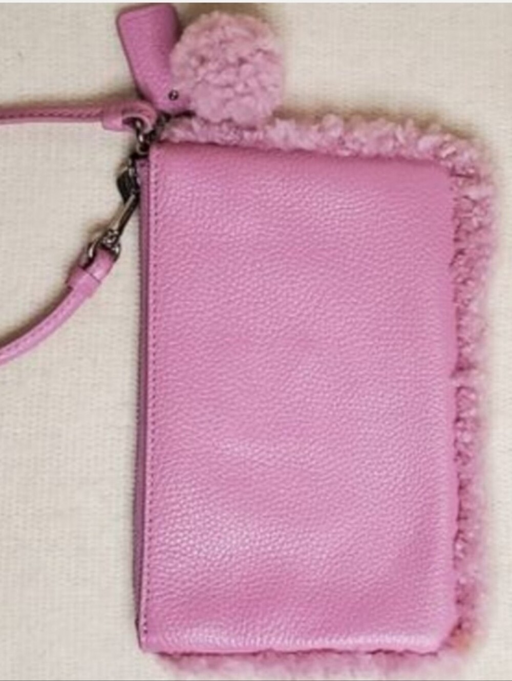 Coach Pink Genuine Leather Shearling-Trim Mini Handbag/Wristlet with Pom - Picture 4 of 4